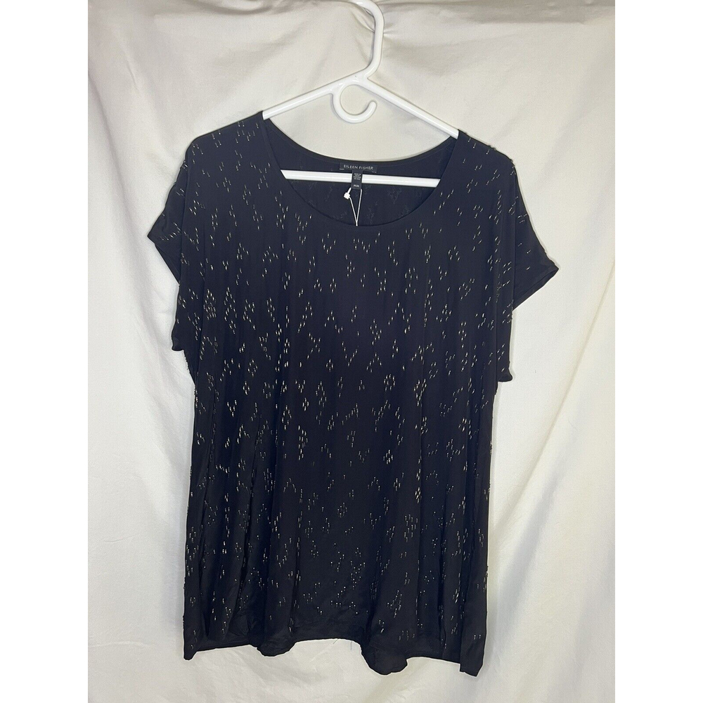 NWT Eileen Fisher Black Silk Hand Beaded Scoop Neck Top Blouse Tunic $298 Medium